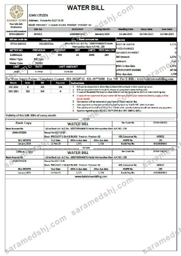 Pakistan Bahria Town utility bill template in Word and PDF formats